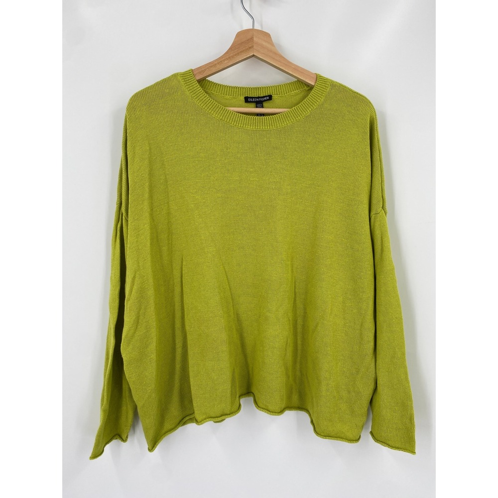 Eileen Fisher Sweater Womens XL Green Organic Linen Cotton Boxy Knit